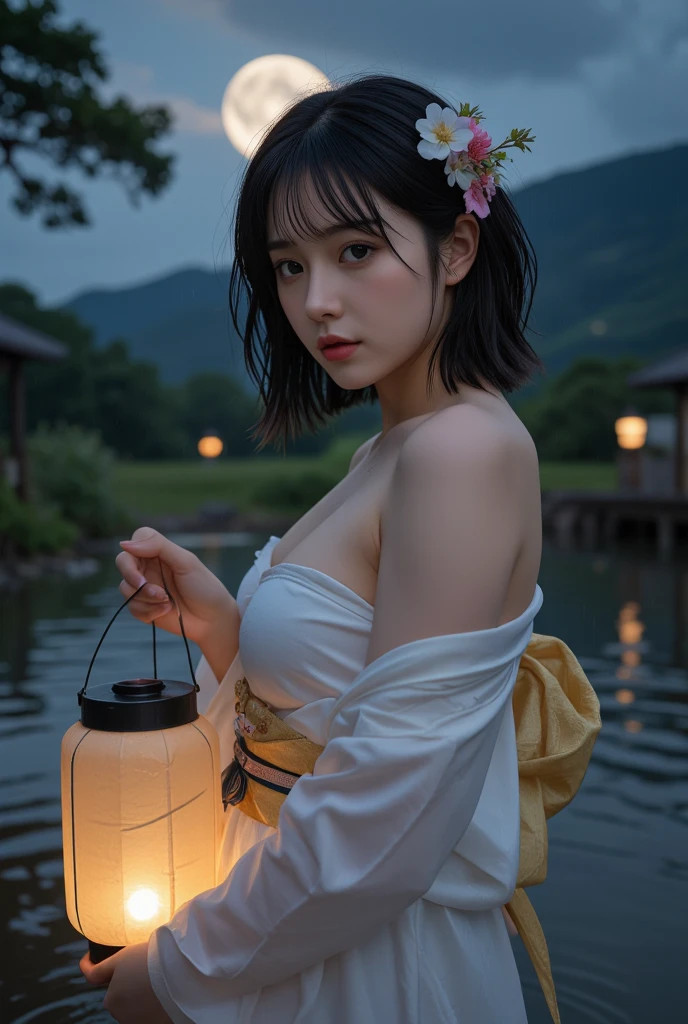 1girl, breasts, moon, lantern, night, solo, large breasts, hair ornament, wet, kimono, japanese clothes, wading, water, hair flower, flower, outdoors, sky, full moon, rain, black hair, off shoulder, mountain, cloud, holding, sash, bare shoulders, paper lantern, standing, white kimono, night sky, sideboob, obi, wet clothes, bangs, tree, from side, reflection, short hair, cloudy sky, wet hair (((masterpiece),(extremely detailed CG unity 8k wallpaper),best quality,,solo,1girl,cinematic lighting,detailed background,beautiful detailed eyes,bright pupils, (an extremely delicate and beautiful),(Beautiful and detailed eye description), ultra-detailed,masterpiece,)),