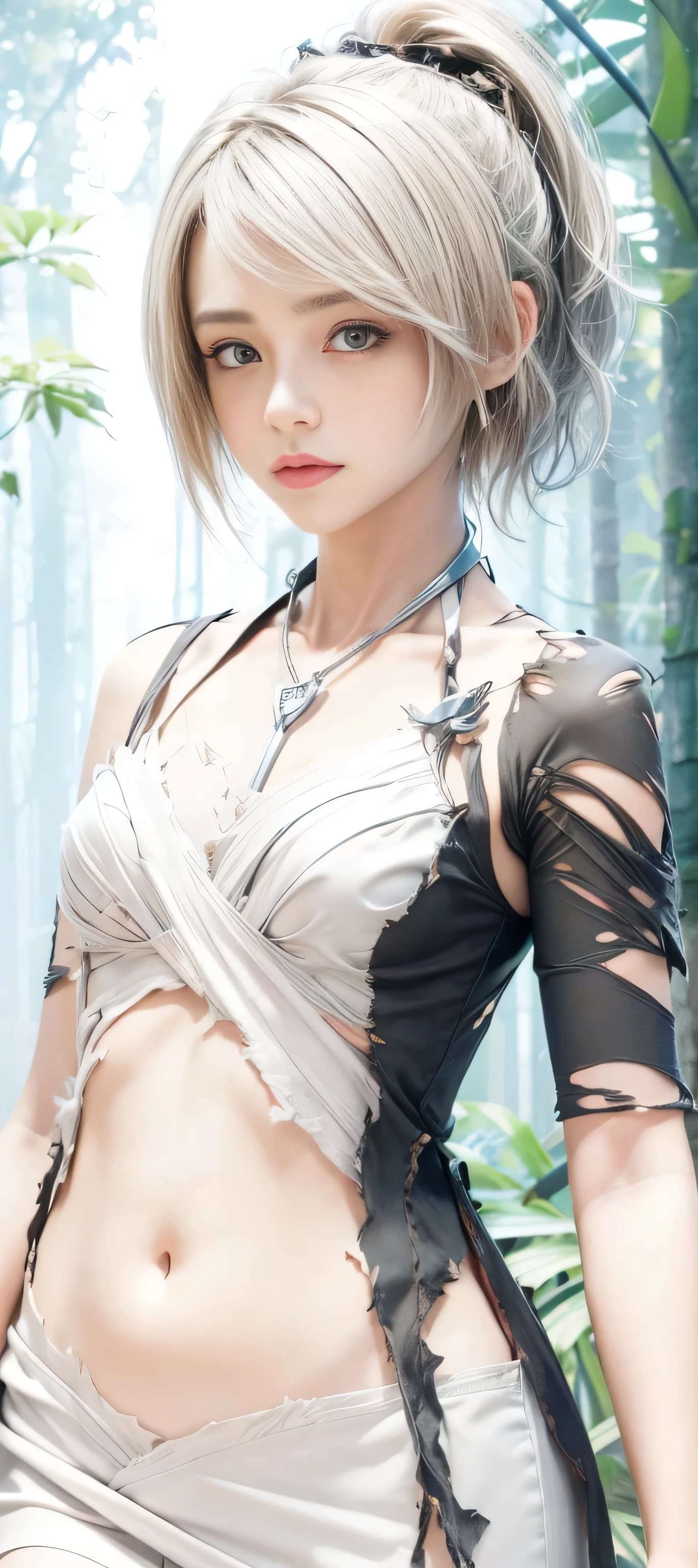 masterpiece, best quality, (realistic,photo-realistic:1.4), (RAW photo:1.2), extremely detailed CG unity 8k wallpaper, delicate and beautiful, amazing, finely detail,official art, absurdres, incredibly absurdres, huge filesize, ultra-detailed, extremely detailed, extremely detailed girl,extremely detailed eyes and face, light on face,little smiles,(short hair:1.7),(white hair:1.3),(jungle background:1.4),lunafreya,(girl:1.3),(torn clithes:1.5),(necklance:1.5),navel,ponytail,dress