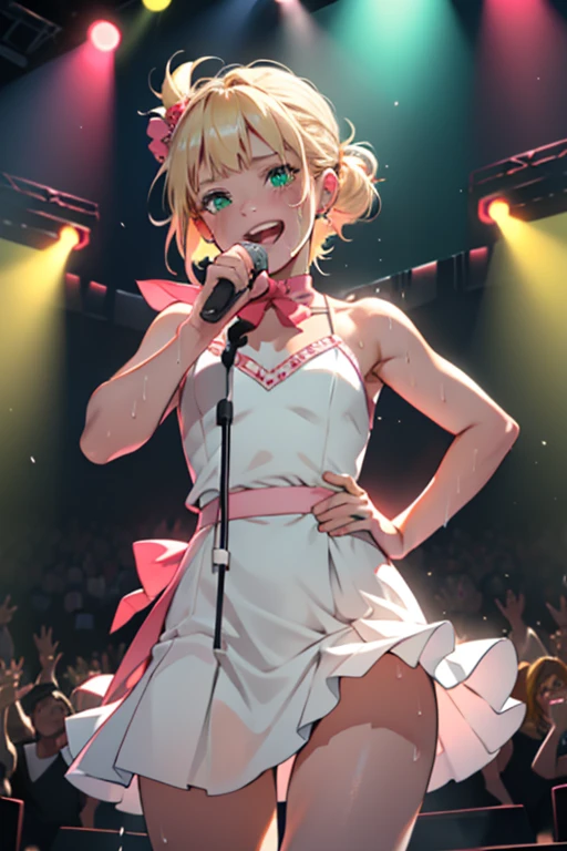 Sing and dance on stage,Idol,a blond,Green eyes,Petite girl,flat chest,White and pink ruffled skirt dress,holding the mic,Sweating,Happy look,Red face,Looks fun,The body is wet and dripping,,livestream,Dark concert hall,The audience holds a glowing stick
