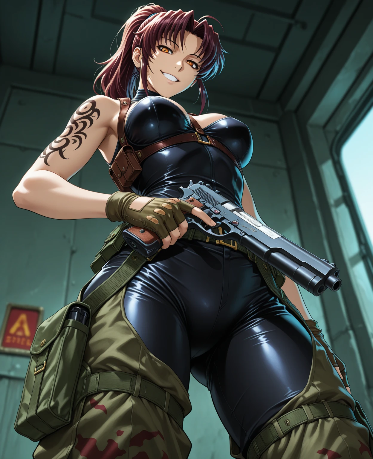 Best quality, masterpiece, , serious, sexy e, Cammo, Sun, hot, dessert, wetting, water,tactical vest, neckline, warfare, leona from the king of fighters, anime.