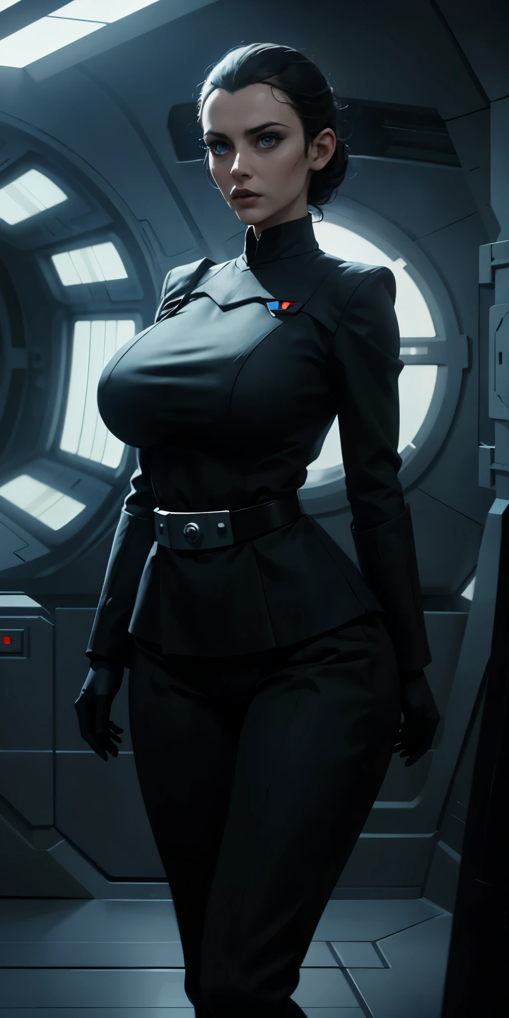 Incredibly detailed wide angle shot shot of a gorgeous and skinny woman with EXTREMELY saggy big breasts, nipples visible through clothing, a narrow waist, a incredibly supermodel thin body, with VERY narrow hips, super thin legs, (bimbo lips), vivid blue eyes, extremely detailed face, thoughtful expression, (long ((black)) hair styled in bun), Star Wars Imperial Officer black uniform, ((white) admiral cape), matte paint, atmospheric, dramatic lighting, standing inside an imperial space ship.