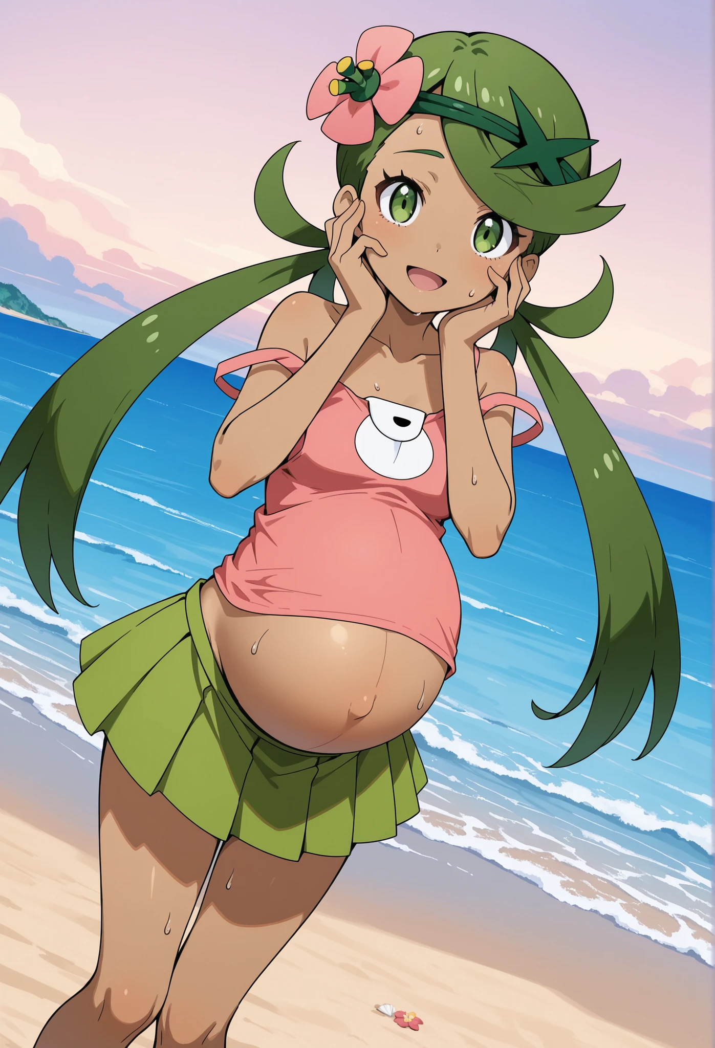 score_9, score_8_up, 1girl, mallow, mallow pokemon, happy, full body, outdoors, human proportions, looking at viewer, by diives, pregnant, pregnancy, shy smile, mirada tranquila, tranquila, sentada, sitting, sit on beach, beach, exposed belly, bikini, black swimsuit, black bikini, shy smile, shy. fetal movement, kicks in belly, kicks, fetal kick, kick on belly, baby kicking, solo, 1girl, lumps in the belly. Green hair, long hair, peace_sign.