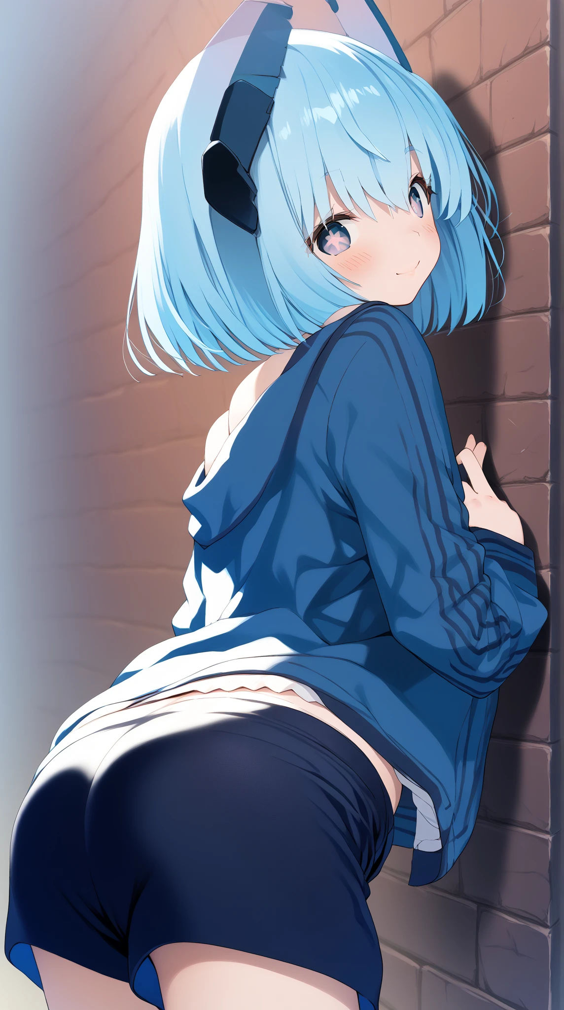 femboy, cute, short blue hair, blue eyes, blue sweater, white skirt, white thigh high socks, blushing, on hands and knees,under skirt