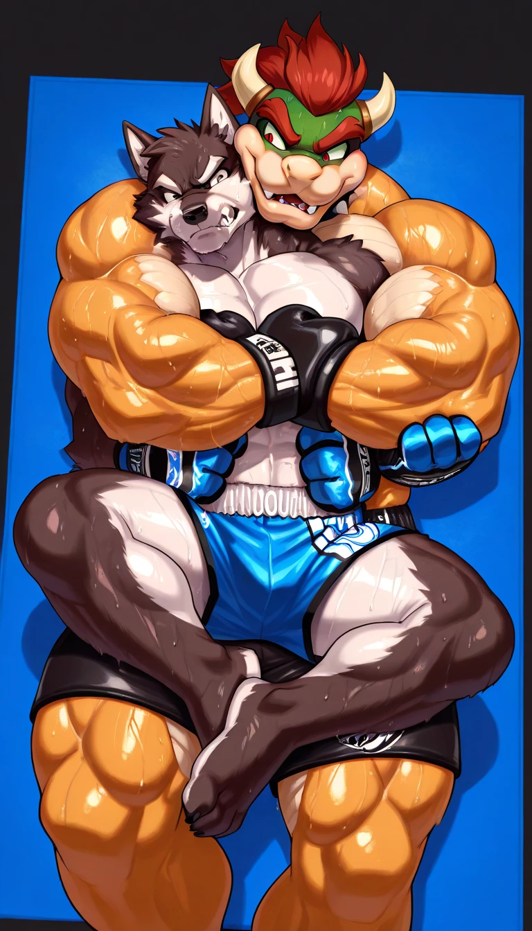 Duo male(Brown Dog vs Brown Dog, handsomes, Thick eyebrows), gay(Lying down, cuddling embraced from behind, trying escape, Back on body, on a bed match), hot(Shirtless), handsomes(They are handsomes, correct anatomy), musculosos(Big muscle bodies, Six packs, muscle abs, big pecs, muscle backs, muscle legs), sweaty(very sweaty wet bodies, shiny sweat), tatuajes(they have tattoos), Grumpy(Both have an grumpy expression, growling, steaming breath), UFC gloves(They both are wearing red UFC gloves), UFC boxers(They both are wearing boxers), Hight resolution, by(Zourik:1.1)