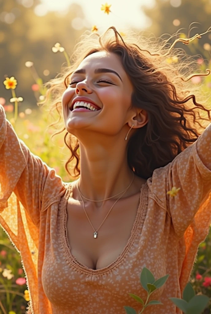 (Masterpiece:1.2), best quality, (illustration:1.2), (ultra-detailed), hyper details, (delicate detailed), (intricate details), (cinematic light, best quality Backlights), clear line, from below, soloist, soft lights, ethereal, magical looking, a candid looking girl with soft curly black hair, brown eyes, forest, fairytale, full body,  perfect body, big breasts, magical, light particles, fireflies, cute smile