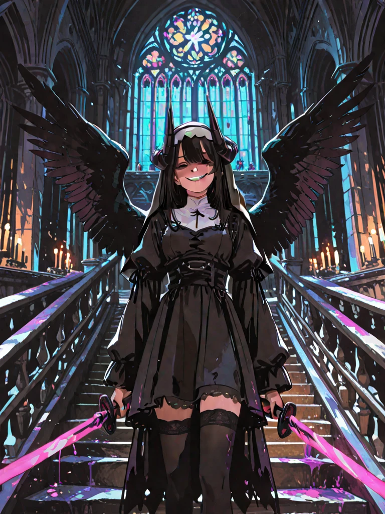 It has 2 female demons, The 1st female demon has pink hair and fox ears, busto e seios enormes e usa um vestido preto; The 2nd female demon has blue hair, busto e seios enormes e usa um vestido branco. Both are in a cathedral.