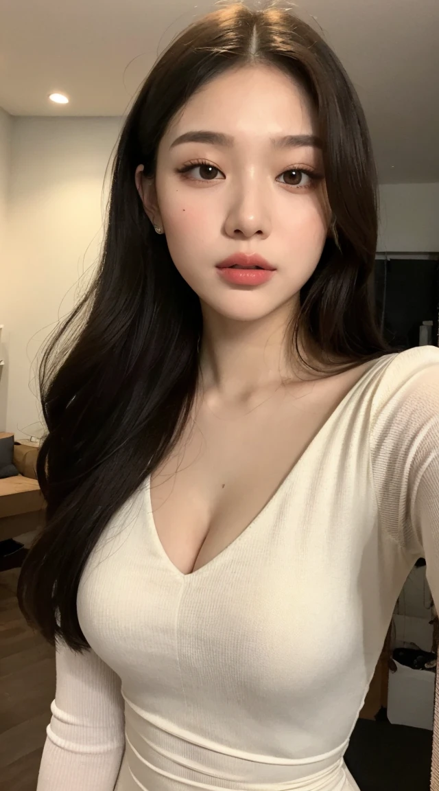 ((realistic lighting, best quality, 8K, master piece:1.3)), sharp focus:1.2, 1 girl, beautiful woman with perfect figure:1.4, slim abs:1.1, ((dark brown hair)), (white crop top:1.4),(exterior,in the middle of the night:1.1),Sit on an indoor bed,Extra-fine face,fine eyes,double eyelid,Leaking entire delicate breasts, no clothes, naked,