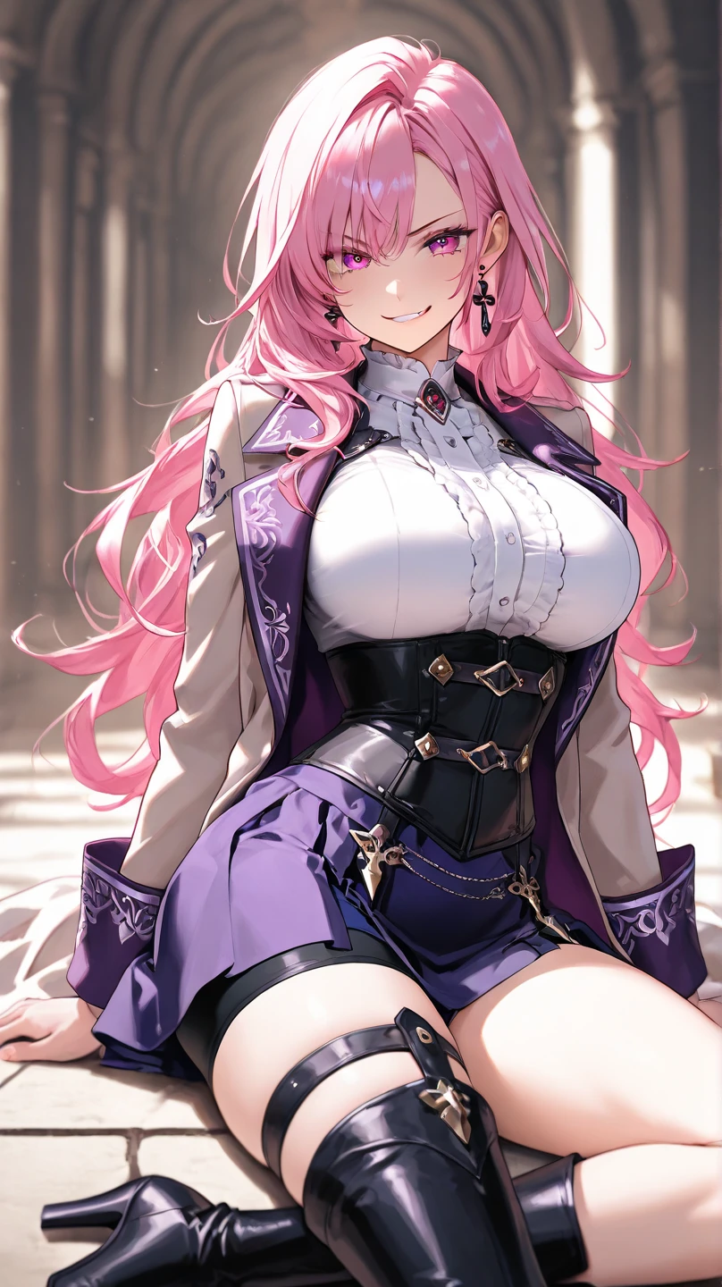 masutepiece, Best Quality, Finely detailed, High resolution, Extremely delicate and beautiful, Volumetric lighting, Best Shadows, Shallow depth of field, 1 girl, Glossy hair、pink twintails, Pink eyes, (Huge breasts), Halter Top, Pleated skirt, Sitting, Room, bookshelf,Hilda in Fire Emblem、transistor glamor、A slight smil