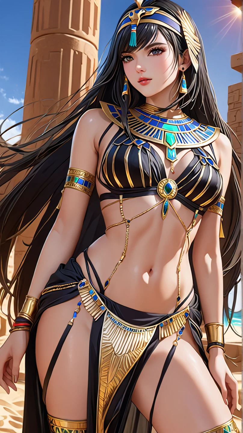 A captivating full body close-up of a Western Region Dancer, immersed in the intriguing world of fantasy. Her long, dark brown hair cascades down her shoulders, adorned with exquisite jewelry - a gold head chain, a delicate necklace, and a collar accentuating her wheat-colored complexion. Dressed in an exotic bikini costume, the humanoid dancer strikes a pose, her blue eyes gleaming with determination. The temple of Egypt looms behind her, bathed in the soft glow of red light yarn, two longer legs sprawled gracefully to one side. Her bare feet connect her to the earth as a tattoo adorns her