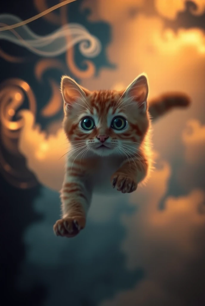 A radiant cloud of shimmering, dark-colored smoke swirls and glows, filling the air with an ethereal light. Suddenly, from within the luminous haze,a cute chubby cat with huge eyes and leaps forward, its fur gleaming like polished moonlight. The creature moves with grace and mystery, its eyes reflecting the colors of the mist as it emerges into the open.
