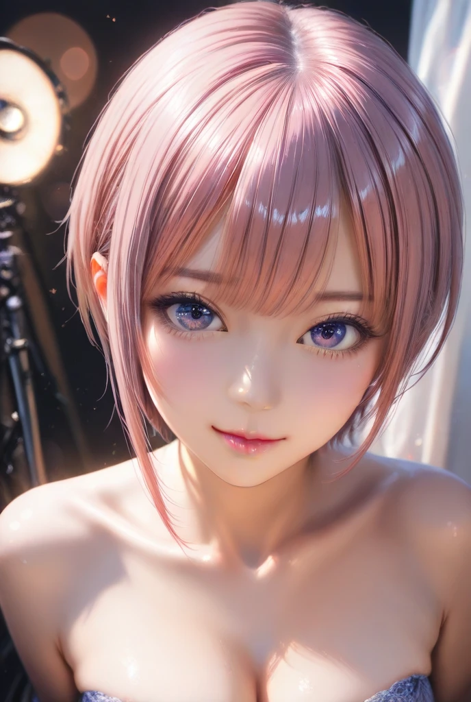 Mastepiece、masterpiece、highest quality、Super detailed、High resolution、8K Portrait、High definition CG of Unity 8k wallpaper、Cute little:1.5、Loli:1.5、Highly detailed CG Unity 8k wallpaper、Realistic、Real person、 Portrait Photography、Shiny skin、High definition、(16 years old:1.2)、(1 girl)、Beautiful clear eyes、extremely detailed description、Delicate face、Nice lips、Slim body、(thin waist)、Thin legs、(bed room:1.6)、1 Girl, Cute, Perfect Face, seriously, (blush:1.5),(Pink short hair:1.3),(big breasts:1.5),((half nude:1.3)),(looking at view),(from front),(disapproval face:1.5),(Strike a Pose:1.5)
