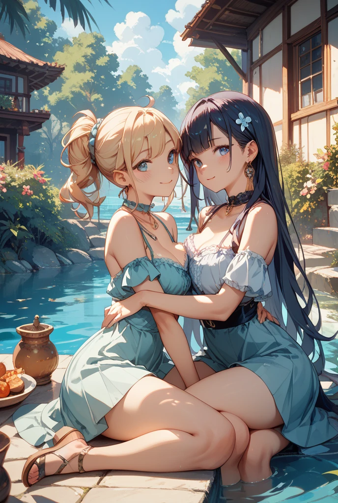 highest quality、High resolution、Detailed Background、(Beautiful face in every detail:1.4)、Anatomically correct、(Hide your fingers:1.3)、(Detailed facial expressions)、(Detailed eyes:1.2)、(Detailed eyes:1.2)、Beautiful women in their 20s、(Highly detailed face:1.4)、Cute hair colour、well-groomed eyebrows、(Huge breasts:1.2)、Bobcut、Long Hair、Hairstyles that add waves and curls、Cute hairstyle、Cute Eye Makeup、Cute Lip Makeup、Perfect body line、
(Two beautiful women spending time in an elegant and extraordinary space:1.5)、
Wide々Sitting on the private terrace of the villa、Spend some time relaxing、With a cool drink in hand、The way she relaxes elegantly is wonderful.、While looking at the beautiful scenery、Enjoy a conversation with your partner、
Overlooking the blue ocean of Miyako、Resort with private beach、The rooms have wide ocean views.々Villa type、Spa and Fitness、Fully equipped with various water activities、High-class service and delicious food are a big hit、
A summer dress with an off-the-shoulder design gives a cool feeling、
Elegant materials such as silk and chiffon create a luxurious feel.、
The medium length and A-line silhouette are cute and mature.