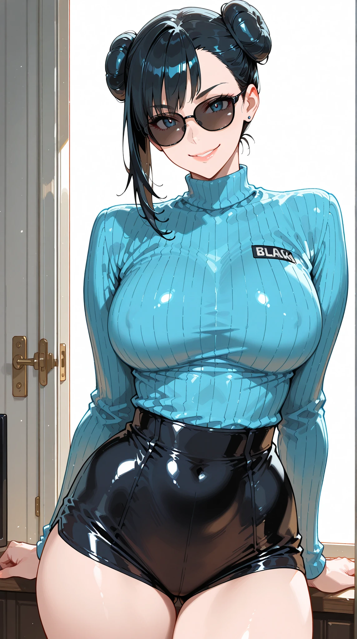 black hair girl wearing a grey see-through jumpsuit. Muscular with small nipples. ABS. Short hair ponytail She has a very large cameltoe. No headgear. No hat. Big cleavage. Blue eyes