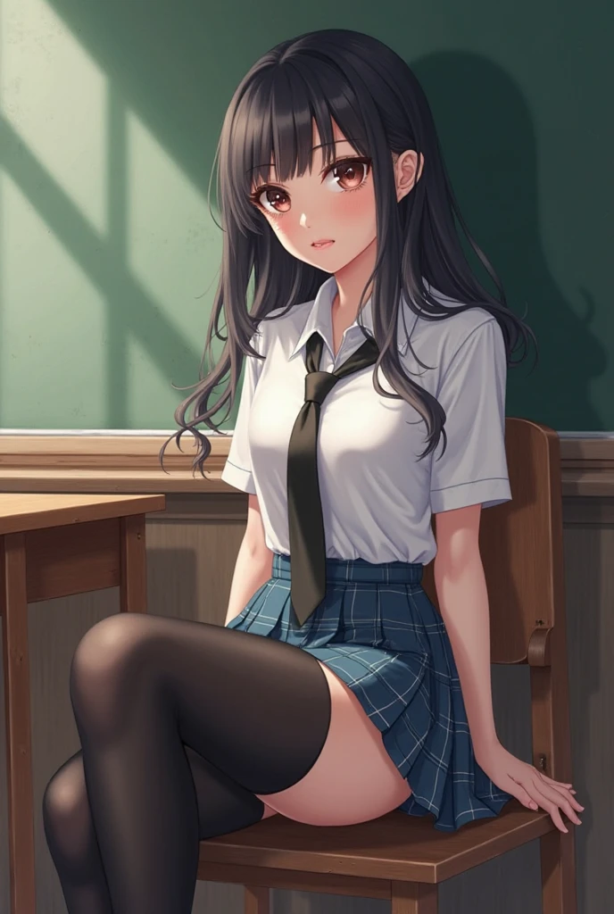 /(Front focus), /(Front view,), /(Focus on girl,), A beautiful girl, high school student, sitting on a chair, beside the window, lifting her skirt with her hands, touching her crotch over her clothes, caressing her legs with one hand, closing her eyes, moaning, leaning against the back of the chair, breathing heavily, blushing, sweat and wet body, /(extremely long straight hair, almond-shaped eyes, hourglass-shaped athletic body, Big chest, medium hip, medium waist, shapely legs, perfect fingers, Greek nose, perfect hands, triangular face,), /(uniform: white V-neck blouse long sleeves, gray pleated mini skirt, black satin blazer with gold buttons, black thigh-high stockings held up by garters,),