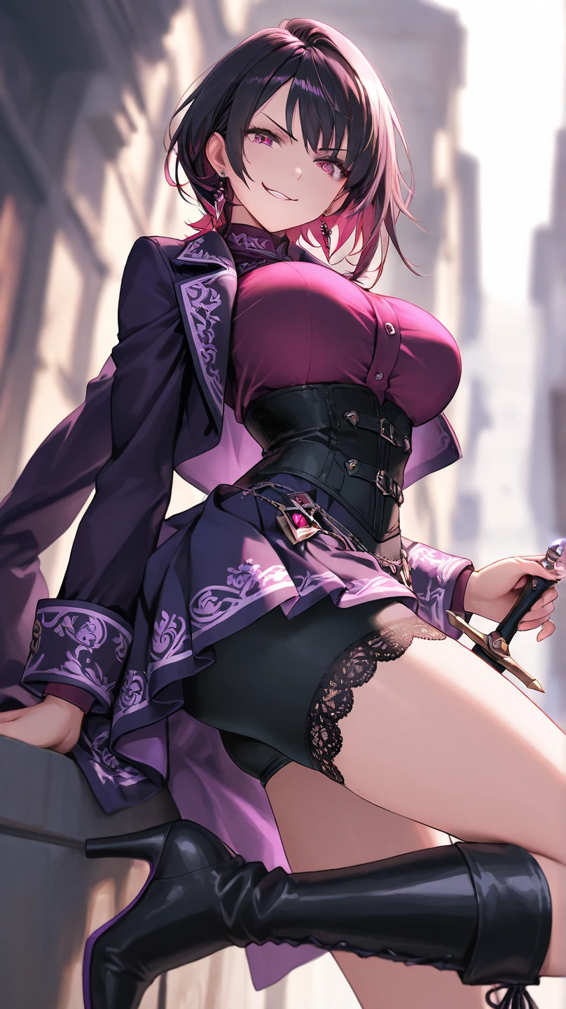 Florence Nightingale, Florence Nightingale, Pink hair, Long hair, (Red Eyes:1.5), Hair braid, side locks, folded ponytail, Single braid, braid, braided ponytails,Brake belt, bikini of, Black footwear, black headwear, long boots, Garrison Cap, gloves, Green Bikini, Green gloves, green thighhighs, hat, layered bikini, micro skirt, official alternate costume, purple belt, Purple Bikini, Revealing clothes, Short sleeves, Skirt, Swimsuit, Thigh boots, thighs thighs thighs thighs,BREAK looking at viewer,Break indoors,BREAK (masutepiece:1.2), Best Quality, High resolution, Unity 8k壁纸, (Illustration:0.8), (Beautiful detailed eyes:1.6), extra detailed face, Perfect Lighting, extremely details CG, (Perfect hands, Perfect Anatomy),Naughty big、large full breasts、,(Skirt lift:1.3), (white panties:1.3)、(Skirt that rolls up:1.3)、(Fully exposed panties:1.5)、outside of house、plein air、