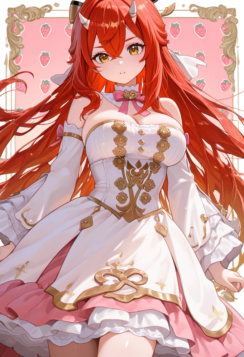 (MASTERPIECE), (Best Quality), (Super Detail), Official Art, One Girl, Lori with Pale Red Hair, Petite Little Girl, Loli, Red and Gold See-Through Dress, Sleeveless, Off Shoulder, Small, Very Small, Small, Cleavage, Thigh Focus, Navel, Card Illustration, Fire