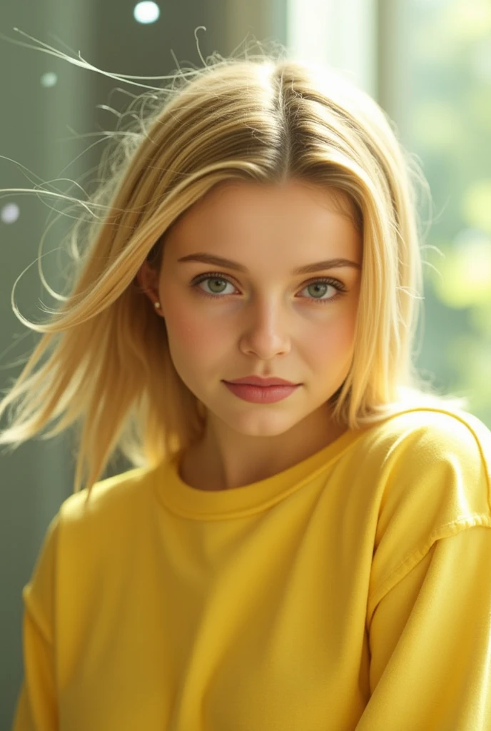 blonde de 25 ans, very classy, en tenue pour aller au bureau, yeux verts bleus, flirte avec la camera, blonde hair, white hair, sad, makeup, yellow shirt, shorts, outside, sunny day, 135mm, Canon, f/16, UHD, anatomically correct, masterpiece, textured skin, super detail, high details, high quality, highres, 8k