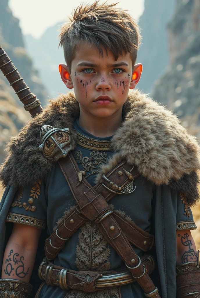 "Generate a magazine cover featuring a 3-year-old boy wearing glasses and dressed as a character from the movie 'Highlander.' The scene is set in ancient Scotland, with warriors surrounding him as he holds a sword. The photograph has a great depth of field, taken from a low angle, under a cloudy sky with dark clouds. The boy strikes a warrior pose. It should be hyper-realistic, shot professionally."