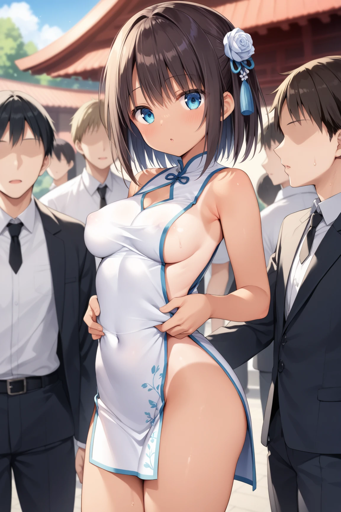 Highest quality、Ultra-high resolution、Fantasy、roleplaying game、A few small, naked hobbit girls with embarrassed looks and no clothes on、On the podium、noon