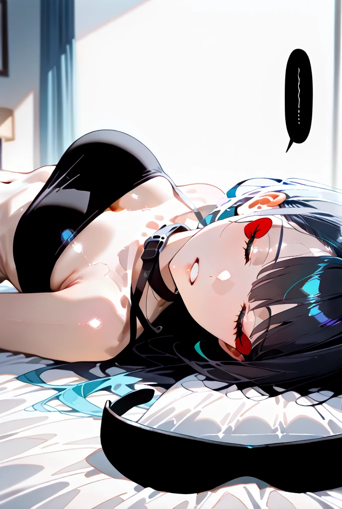 1 girl, long purple hair, blue eyes, wearing bikini, on bed, high res, ultrasharp, 8K, masterpiece, prone lying