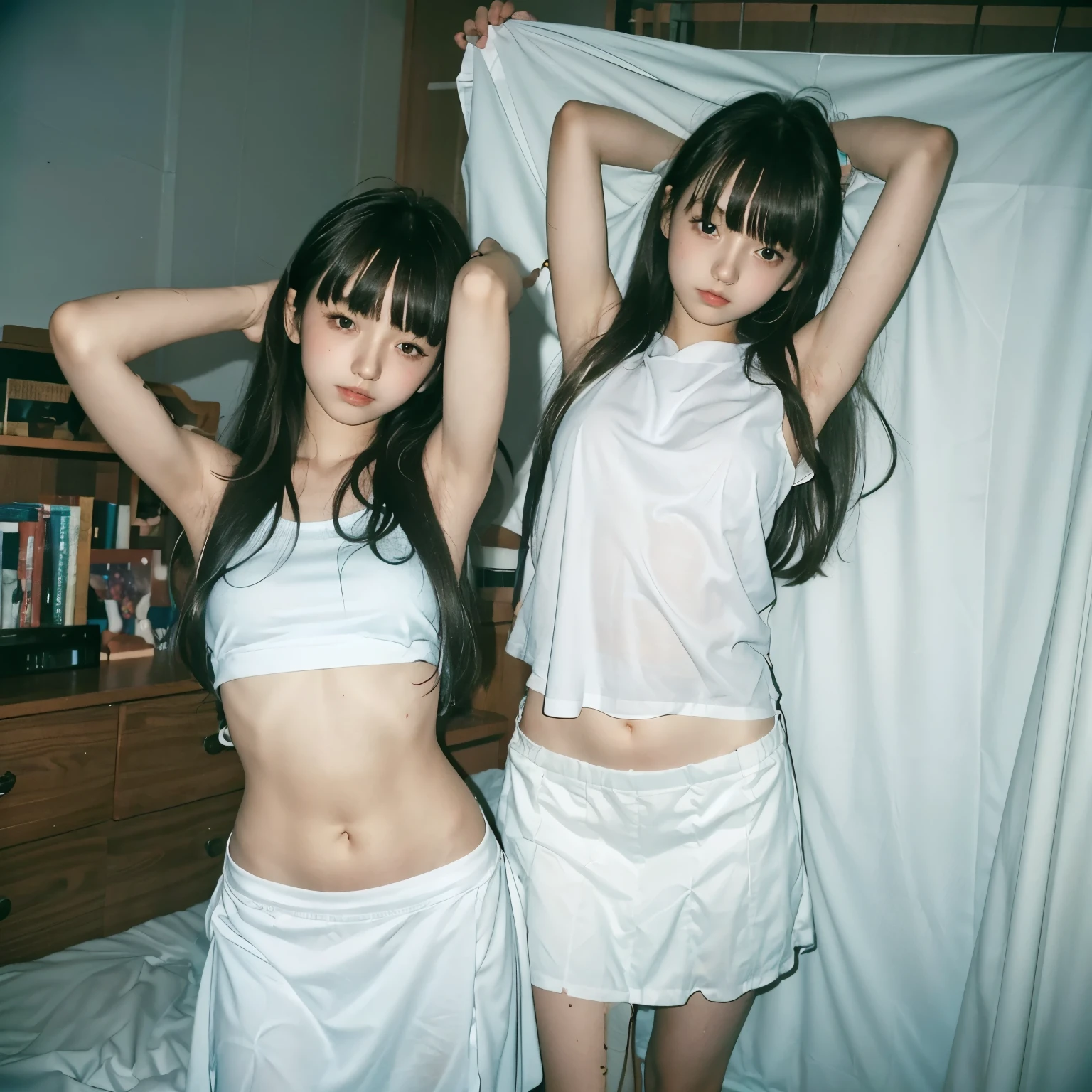 (very high quality), (master parts), (Raw photo), For men, so beautiful, Detailed CG, 8k wallpaper, amazing detail, official art, huge file size, High resolution, dark, atmosphere, Mysterious, romanticism, That&#39;s horrible, literature, artistically, fashion, grace, (((Perfect anatomical depiction of the human body))), Two junior high school girls take turns standing upright., One is positive, The person next to me was staring at me，Only the head was turned to the side, 18 year old girl, Blonde person with blue eyes and long partially braided hair, 
 One is a Japanese brunette with two tails, perfect and beautiful face, (Open your chest), (Lagos Drill Bits), ((super big)), ( thin waist), (oversized ass), (thin thighs), (brighten the skin), baby face, (white collar blouse，thin plain fabric，with strap), ((The chest of the blouse is very tight)), (ultra mini pleated skirt), (white underwear), ( I don&#39;t have enough clothes), (All buttons are fastened，dress properly), Shoot from different angles, midnight, dark basement, there is no window, Dust Dance, ((It&#39;s too dark)), (It&#39;s too dark to be almost invisible), blue dark backlight, new gentee, Low exposure photography, on a black background