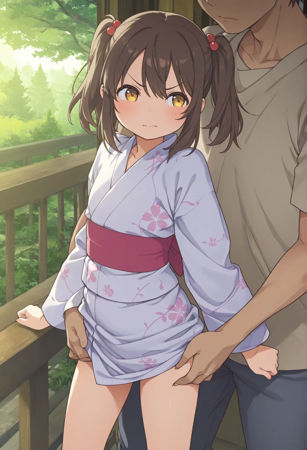 Anime painting,A blonde twin-tailed young girl wearing a pink floral yukata is being raped by a man in the woods at a night festival,Highest quality,masterpiece,(((1man and 1girl,having sex))),A young and 10-year-old girl is violently raped and cums inside her, crying and screaming.,Obvious flat chest,Visible genitalia,Tears flowing,Her clothes are in disarray and her breasts are visible,A young girl spreads her legs wide in an M-shape