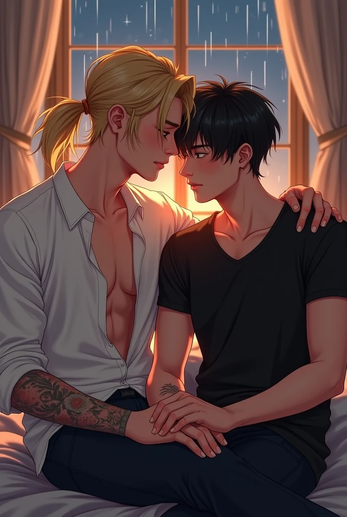 gay、Blond man、Black-haired man、White、Muscular 、whole body、Sculpture-like、Back view、Sit down、Crossing your legs、smile、Gazing at each other、Holding hands、hug、like、Movie stills、painful、evening、beautiful、Painting、Looking down from above