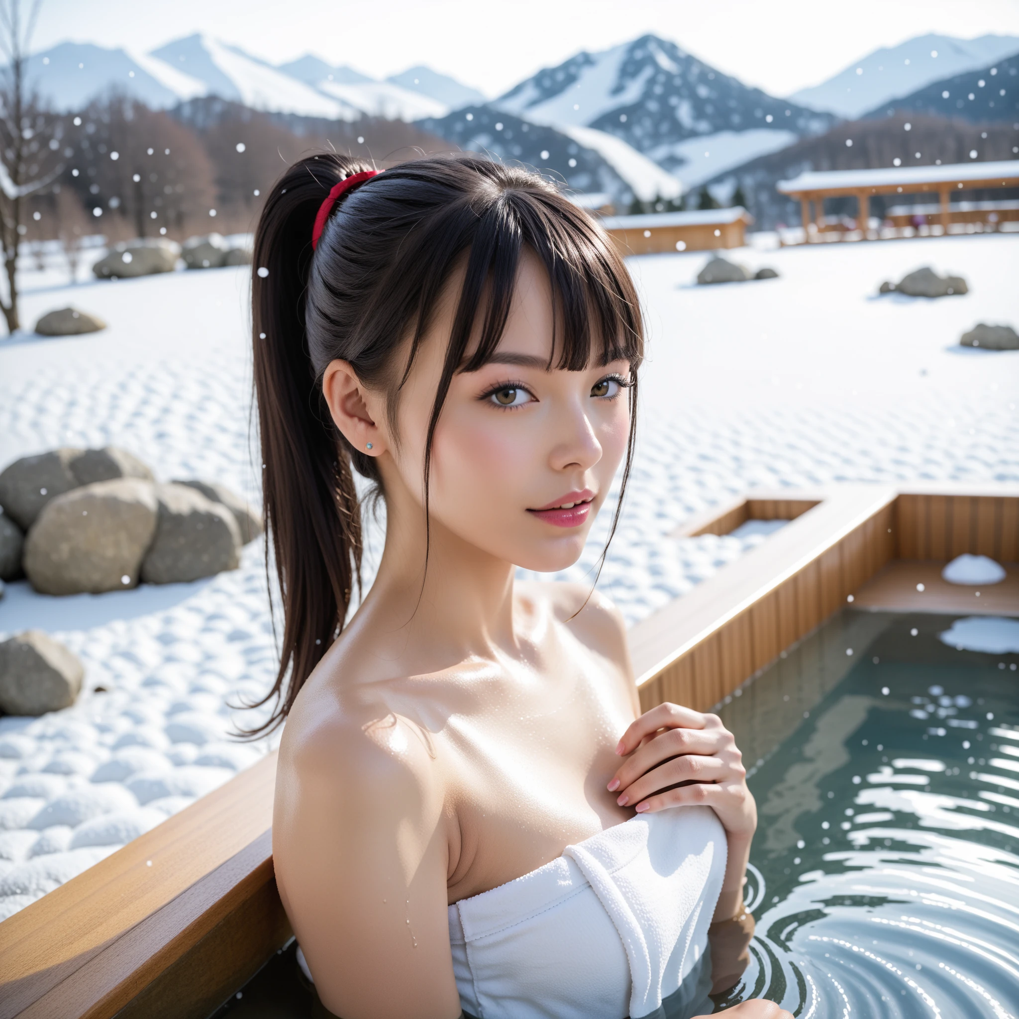 (Highest quality,8K,High resolution,masterpiece:1.3),全nakedの女性、Japanese、Cute Woman、A woman entering a hot spring、winter、snow、In nature、Rock bath。Open-air bath、snow山見風呂、blue sky, Focus on the chest area, naked, Perfect figure, Tight waist, Relaxed smile, Straight hair in the middle, Pubic hair is visible、Natural light