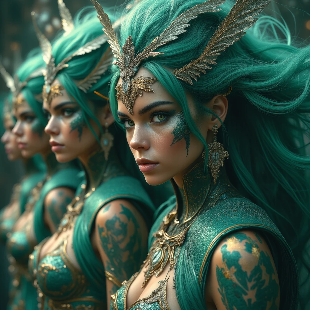 there are two women in costumes sitting on a bench, trending on artstation 4k, tribal jewelry, beautiful futuristic hair style, beautiful female druid, beautiful gemini twins, steampunk gears, realistic cinematic shot, (art station), goddess jewelry, psytrance --auto --s2