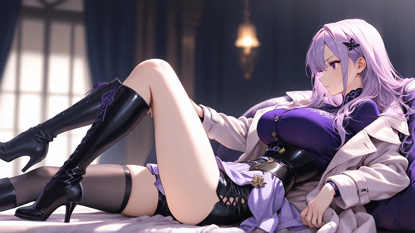 masterpiece、highest quality、1girl , solo , huge breasts、deep cleavage、light green hair、ponytail、fox ears、brightly colored eyes、blue eyes、black glasses、green kimono、light purple long hakama、brown leather jacket、leather boots、flashy necklace、charm、Wet、face turns red, very sweaty, dynamic pose、standing、night city background