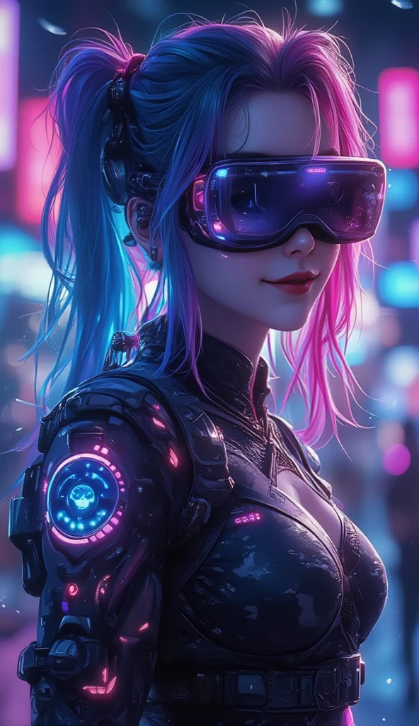 Tabletop, A dystopian city with neon signs and holograms projected onto the buildings and sky, Slim beautiful woman, Surrounded by neon-lit streets, Written boundary depth, Beautiful woman with slim figure, Tight Clothes Holographic, Healthy girl, Strong lighting in bodysuit, Hourglass Shape, High contrast clothing, Holographic clothing, (Walking towards the camera), (Look into the viewer's eyes), lipstick, Yellow Virtual Reality Glasses, Long red straight hair, night, Cyberpunk aesthetic, Highly detailed lighting, dramatic, In 8K, High detail, Skin Texture, Realistic Skin texture, armor, highest quality, High resolution, Photorealistic, Cocktail, Whole cake with fireworks stuck in it,