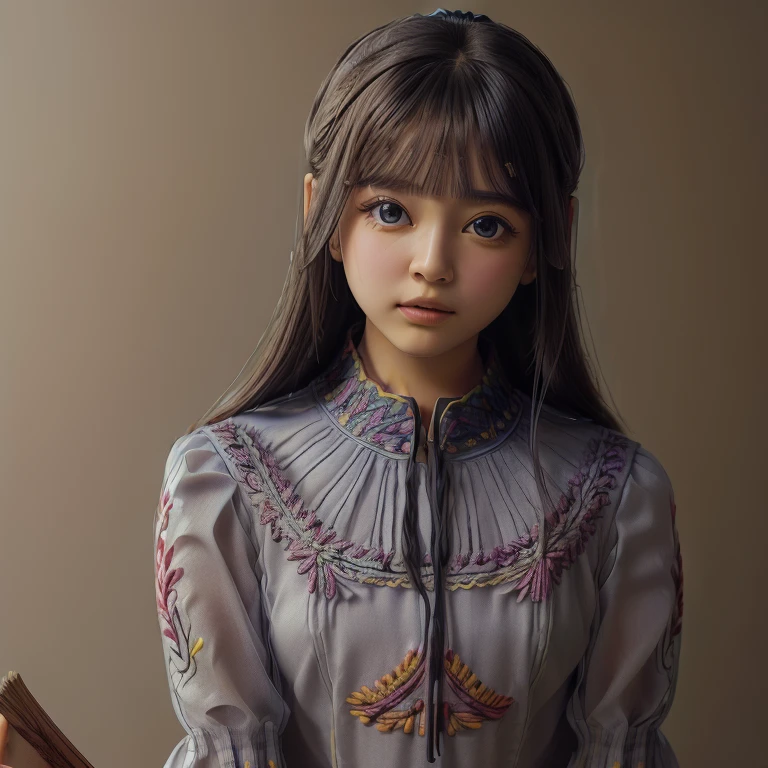 "Generate a hyper-realistic image of a 10-year-old girl from Kazakhstan with authentic  features, set against a realistic room background, showcasing the best quality and intricate details."