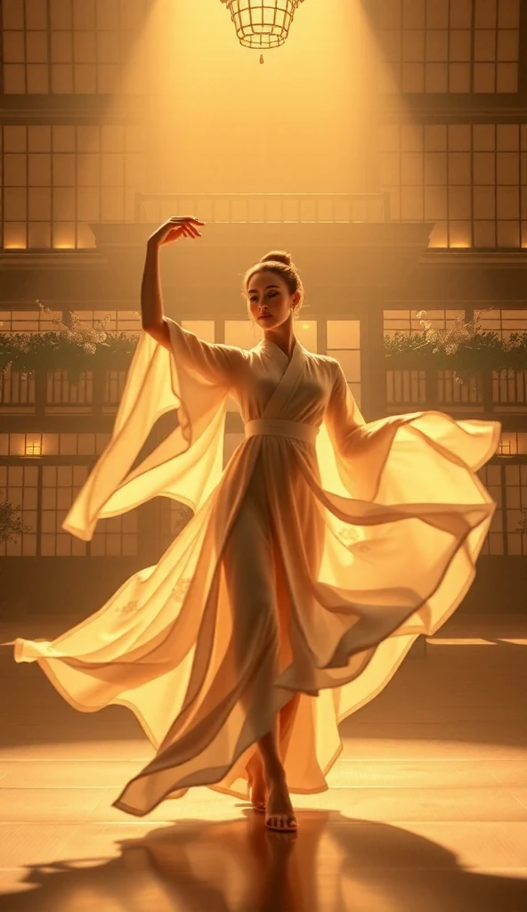 In a grand, ethereal hall bathed in soft golden light, a woman completes a mesmerizing spin. She is adorned in a flowing, kimono-inspired gown that shimmers like liquid silk, its delicate embroidery catching the glow of unseen lanterns. As the movement settles, she lifts her right hand in a graceful arc, while her left rests gently near her abdomen, embodying perfect poise and refinement. The air carries a faint whisper of incense, and the floor beneath her seems to ripple like water, blurring the boundary between reality and dream."
In the background, a raised wooden veranda overlooks the central garden display, where seasonal blooms are arranged with meticulous artistry. The overall composition balances cultivated nature with the grace of traditional Japanese interiors, inviting quiet contemplation and serenity.
