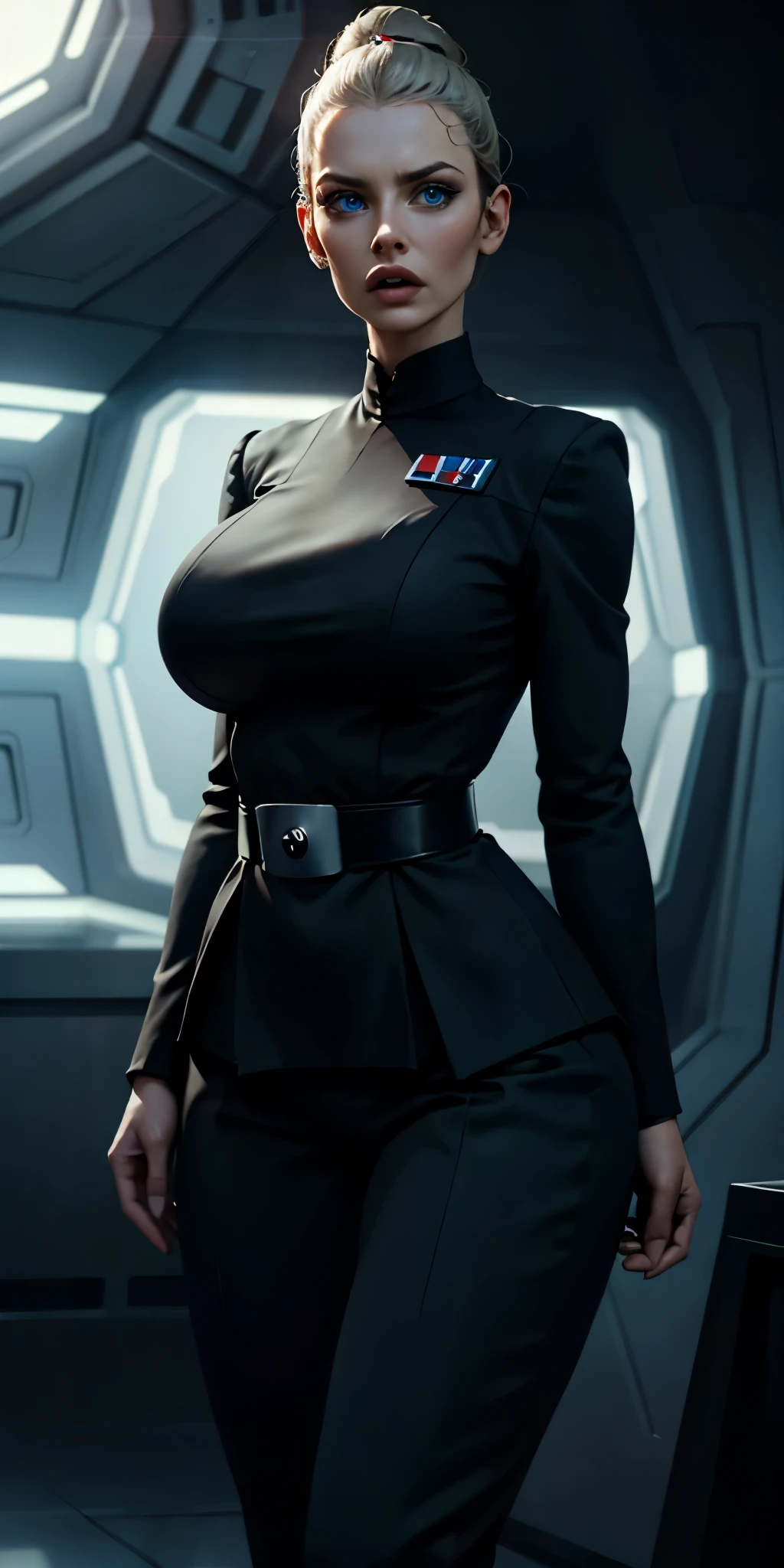 Incredibly detailed wide angle shot shot of a gorgeous and skinny woman with EXTREMELY saggy big breasts, nipples visible through clothing, a narrow waist, a incredibly supermodel thin body, with VERY narrow hips, super thin legs, (bimbo lips), vivid blue eyes, extremely detailed face, thoughtful expression, (long ((black)) hair styled in bun), Star Wars Imperial Officer black uniform, matte paint, atmospheric, dramatic lighting, standing inside an imperial space ship.