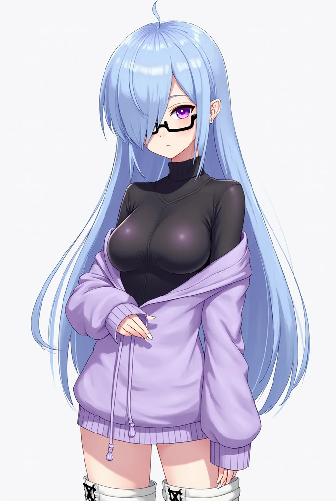 a person with horns and a long black shirt and a high ponytail, 1girl, v, black nails, breasts, solo, horns, double v, glasses, long hair, looking at viewer, smile