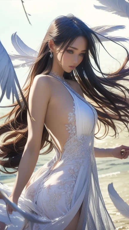 best quality, 8k, very delicate and beautiful, highly detailed face and skin texture, shiny skin, high resolution, sexy girl in white dress with white wing, heaven, divine glory, angel, blessing, sharp focus