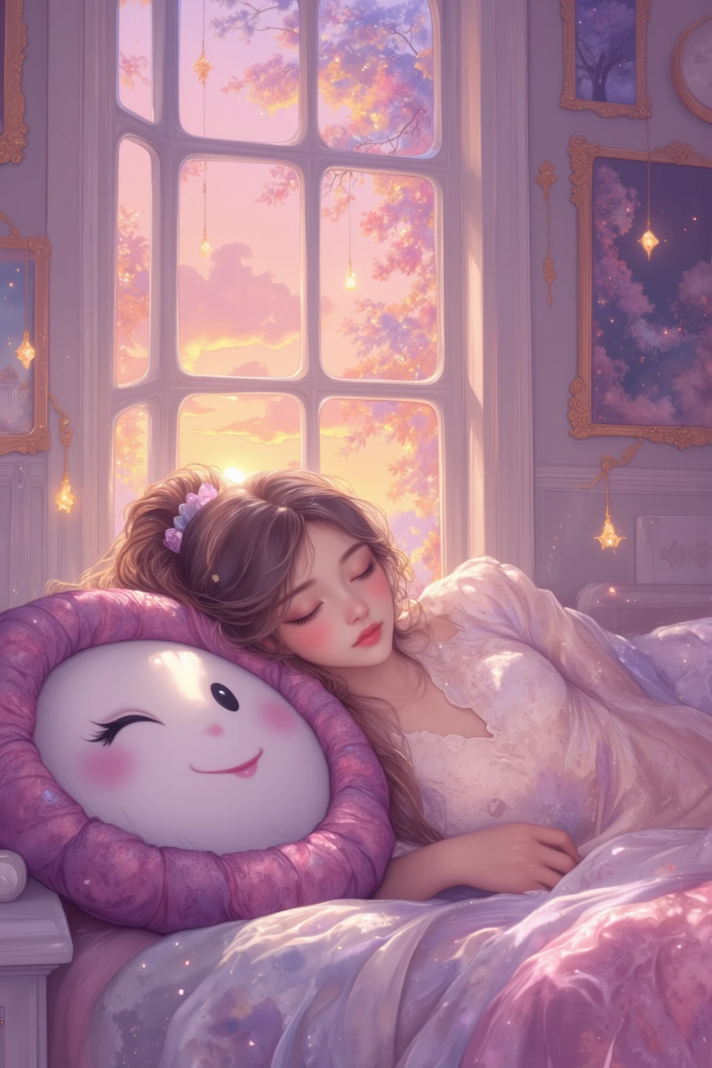 1girl, sleeping soundly, soft pillow, serene expression, fluffy blanket, moonlight filtering, teddy bear companion, gentle breathing, soft pastel nightgown, dreamy ambiance, hair sprawled delicately, window slightly open, gentle night breeze, soft chirping crickets, delicate eyelashes, small smile, dream bubble, floating above her head, whimsical fairytale scene inside, soft pink walls, childhood photo frame,