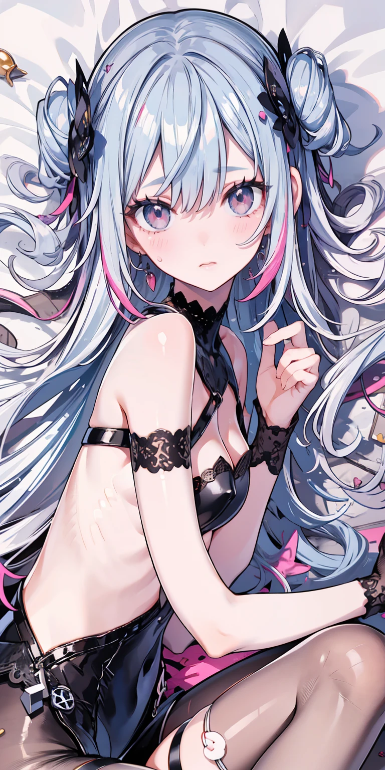 silber hair,butterflys,long whitr hair,8k wallpaper,detailedbackground,Highest high resolution,deep v big breasts,Hair covers one eye,Bandeau,chies,Purple roses,tight-fitting,