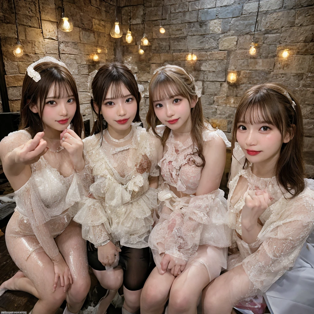 8K resolution, surreal, Super detailed, high quality, perfect anatomy, jammed, (5 girls)++, group shot, smiling, cute face, Phenomenally cute, perfect proportion, full body, (shiny satin, jirai fashion, short dress with many frills, Lace, micro mini skirt, bow ribbon)+++, sitting bed, night bed room background, (bleached short gold hair)+++, large breasts, ((crowded with girls))