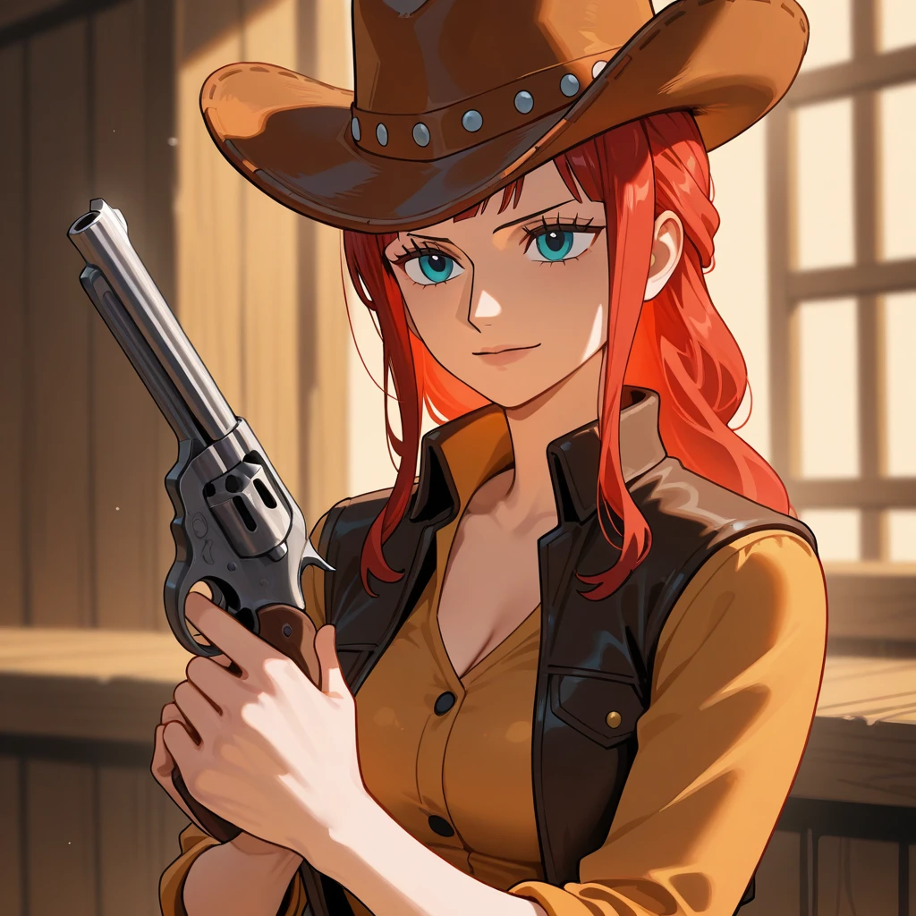 (8k, best quality, masterpiece:1.2), redhead girl, cowboy hat old west, wild west, rodeo, smoking a cigarette, sexy, one eye totally white and the other totally black, album cover, spotify --auto --s2