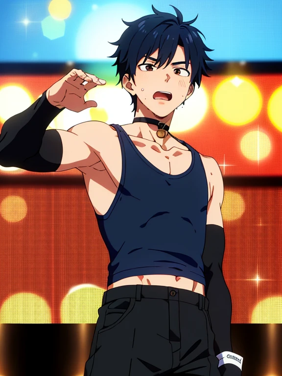 Highres, Masterpiece, Best quality at best,Best Quality,hight quality, hight detailed, 1boy, Boy, Teenage boy, Fluffy hair, Side bangs, Solo person, Sleeveless hoodie, Croptop, Navel, Choker, Glove, Arm cover, Belt, Collarbone, Depth of field, Anime screencap style, thin line, Seductive pose, open mouth,Seen from the front, Little sweat, Kpop, Cute boy, Slim body, 15-year-old boys, Blurry and simple beckground, bokeh, Uhd