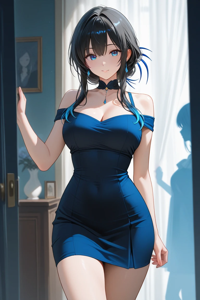((best quality)), ((masterpiece)), (details), 1 girl, big breasts, tight blue cheongsam, tall, whole body, long hair, blue eyes, Kurokawa Akane, Dark blue dress, sitting on the bed, smiling, eyes shining, Tight dress, open sleeves, Happy, chest-baring outfit, sexy poses, The arms have nothing to hide. Fresh colors, sexy outfits, lick penis, pornographic images, nude dress, 