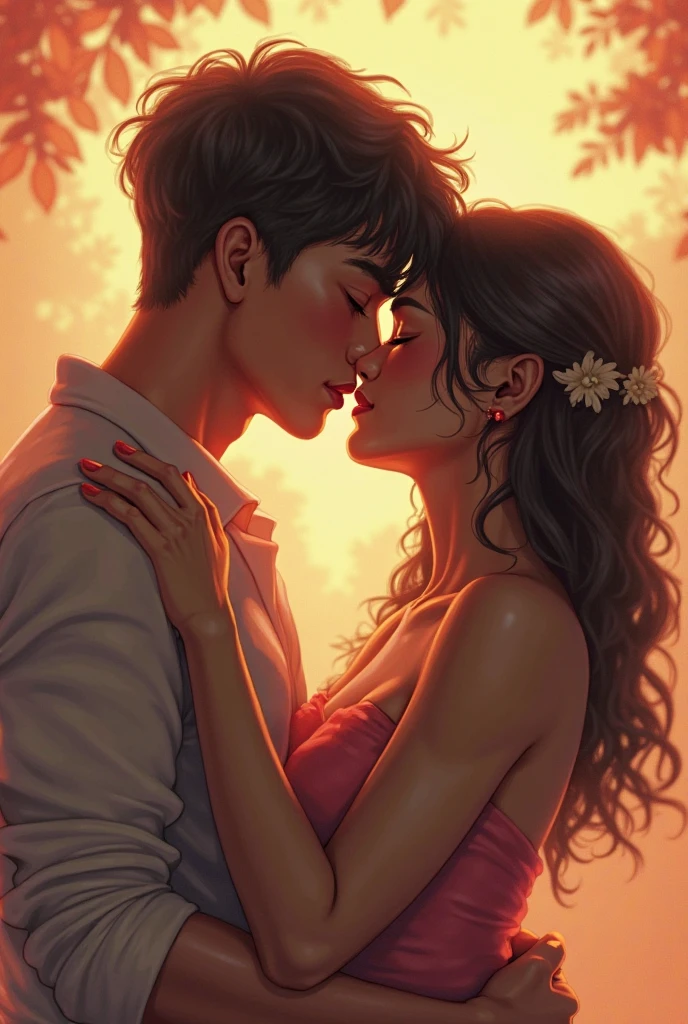 Make anime couple ??? scenes: ladka aur ladki 10th standard me hai. Ladka aur ladki  hai. jisme ladke ne blue shirt pehna hai , jispe red aur yellow lines pehni hai. Ladki ne backless black Indian , full sleeve, long , tight kurta pehna hai aur left shoulder par transparent pink dupatta pehna hai jispe beautiful design hai. Dono ek dusre se chipke hue hai. Dono ek dusre ko lip kiss kar rahe hai. Ladki ka dupatta lehra Raha hai.ladke ne ladki ki kamar ko tightly pakad rakha hai, dono ek dusre se chipke hue hai aur ??? kar rahe hai. 