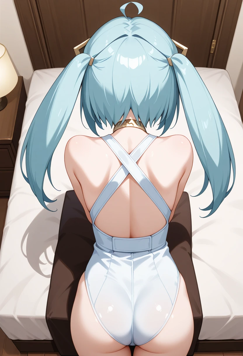 NSFW,Chinon 1,Fingerless gloves,hair ornaments,Hair Clip,Green knee socks,Thigh straps,Embarrassed,blush,(Perfect hands),(Perfect Anatomy),(masterpiece),(highest quality),Cyberpunk city,Love Hotel,bedroom,(Face with sexual arousal:1.5),Lying down,Lying on your back,Leg spread