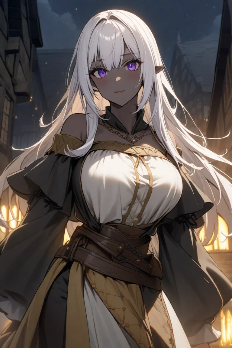 (1girl, Masterpiece, best quality) (detailed and beautiful eyes:1.6) (perfect hands, perfect anatomy) ( A young female character with long, brown hair featuring lighter streaks, styled in loose waves. She has striking (purple eyes and a confident, slightly defiant expression). She has distinctive cat-like ears, brown with pink inner fur. She wears a black form-fitting top adorned with gold and red accents, including intricate patterns. Over this, she has a dark-purple cloak covering with gold detailing. Accessories include a fiolet gemstone necklace and a belt with gold ornaments. The character is depicted in a dynamic low-angle shot, giving a sense of power and movement. The background is abstract with a gradient from dark to light hues, adding depth and emphasizing the character. The lighting is warm and dramatic, with strong highlights and shadows enhancing the overall design. She has a brown belt with dark fiolet accents cinched around her waist and wears brown pants with armored greaves.