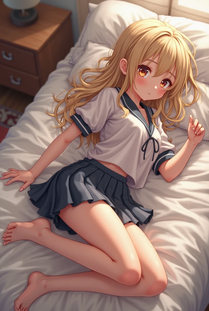 Anime style illustration of a girl sitting on a bed in a room. in a school uniform. Surreal school girl. Seductive anime girl. Surreal school girl. . Cute anime girl illustration. Cute anime girl. Anime girl. Realistic school girl. Small details. Girls Frontline. No panties. Sitting with legs spread.