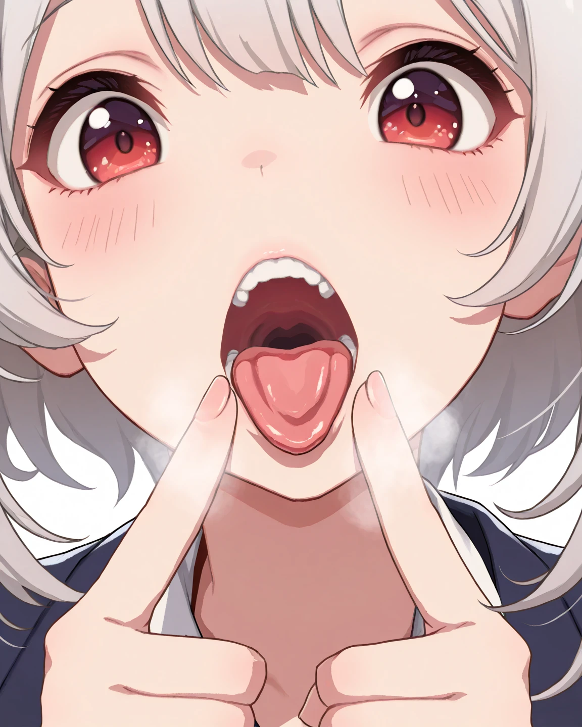masterpiece, best quality, very aesthetic, absurdres nsfw,(2girls:1.3),duo,(oral invitation),oral,side by side,uvula,Tongue out,Tongue to Tongue,open mouth,lineup,looking at viewer,red eyes,blush,Blue hair,nude,High lightness,High Saturation,White hair,silver hair,(heavy_breathing),mouth,front view,masterpiece, best quality, very aesthetic, absurdres,breasts,(grey hair),(light hair),(medium shot),straight-on),(leaning forward)