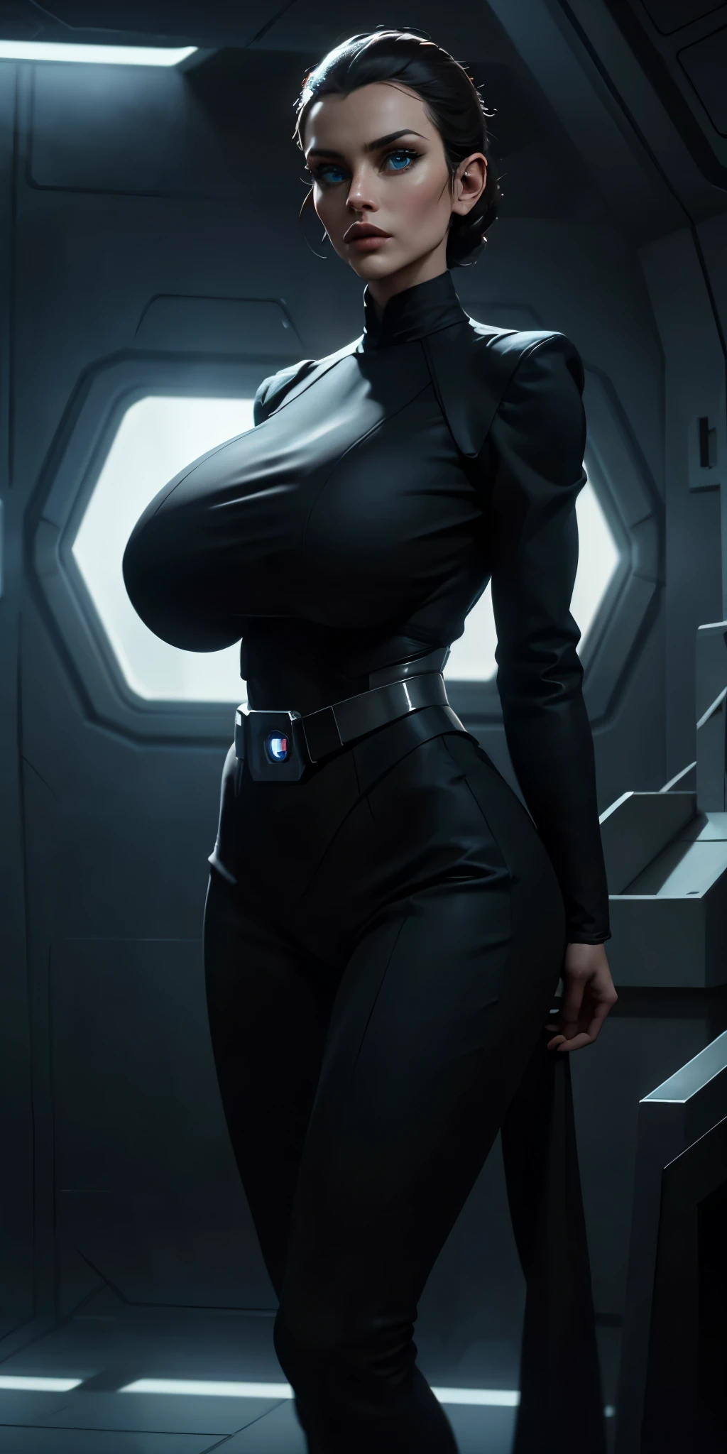 (best quality,4k,8k,highres,masterpiece:1.2),ultra-detailed,(realistic,photorealistic,photo-realistic:1.37,very close to viewer ,view from above,sbg,breast grab,breast lift),(black hair, straight hair, short hair),oily skin, huge breasts(black jumpsuit, high heels),slender body,tattoos,sweaty,illustration,stark lighting,vivid colors,seductive face, open mouth, steamy, gym, standing in the doorway, black fingernailssoft lighting, lifelike texture, photorealistic, HDR, 8k, absurdres, cinestill 800, sharp focus
