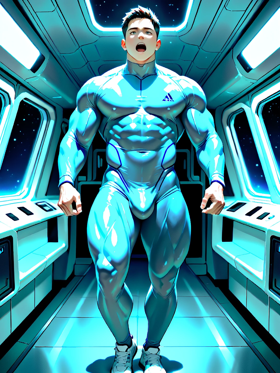 a photorealistic image of a muscular handsome man from the future wearing transparent skintight turquoise and white space uniform including a decorative jockstrap, dynamic pose