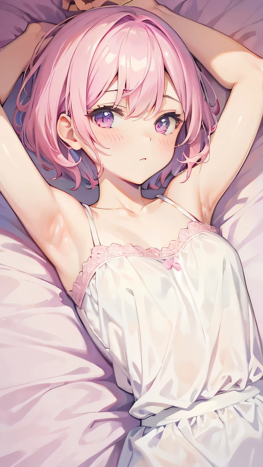 (muste piece), (best quality), (score_9, score_8_up, score_7_up), very detailed eyes, expressive eyes, perfect face, very detailed face, highly detailed face, beautiful girl, 8K, beautiful girl, white background, delicate and beautiful face and eyes, dark intense shadow, 1 girl, vtuber style, cool girl, hololive, vtuber, sakura miko, light pink hair, green eyes, ahoge, messy hair, pajamas, messy pajamas, close one eye, look up, big chest, cleavage, underpants, cameltoe, clavicle, yawned and stretched, one arm up, armpit, (full body), sitting on bed, indian style,
